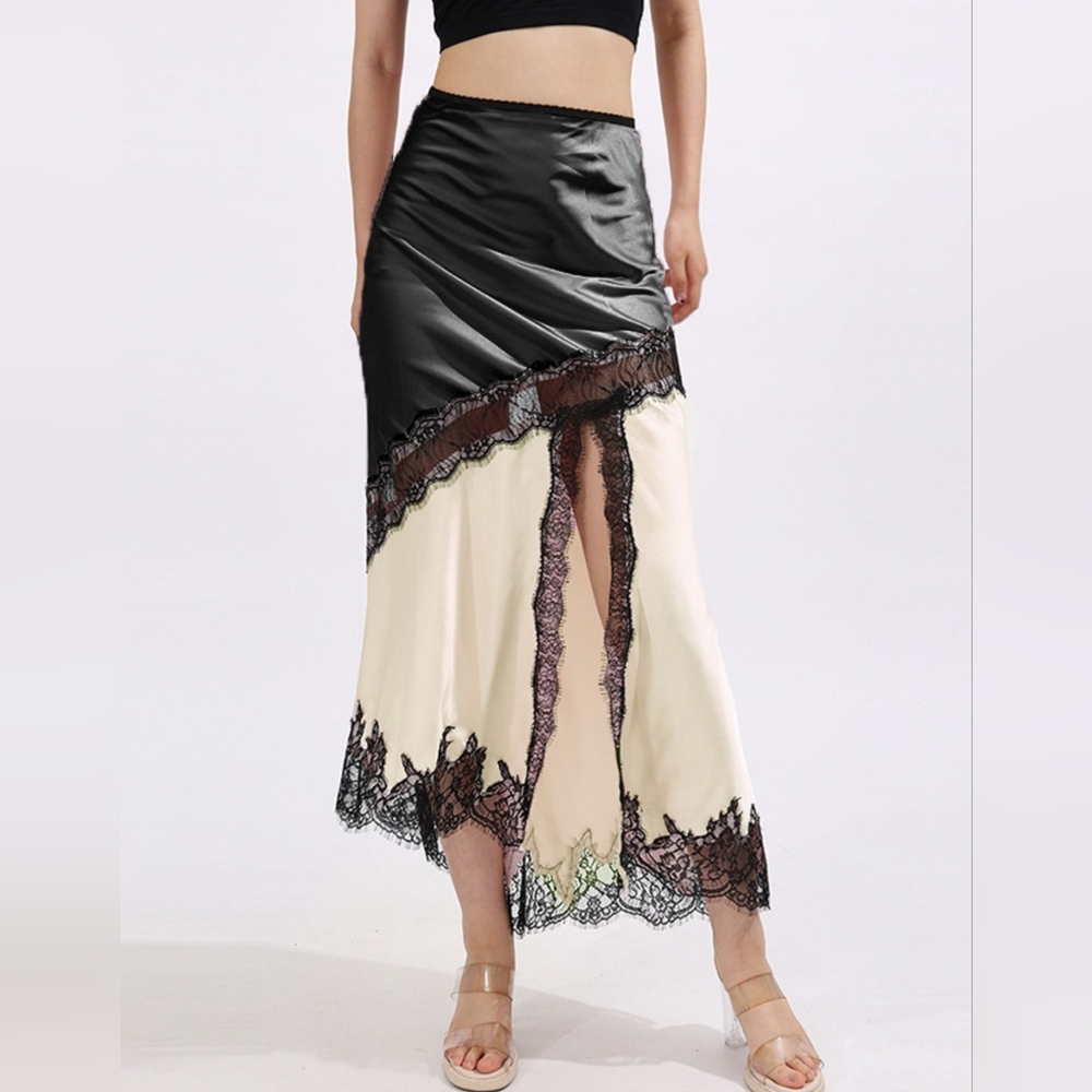 Elegant Black and Cream Lace Trim Skirt